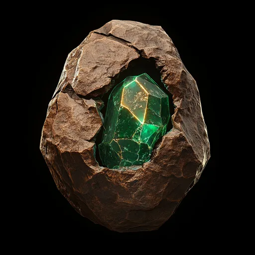 The same stone cracked half open, revealing glowing emerald-green jade and a gold vein inside